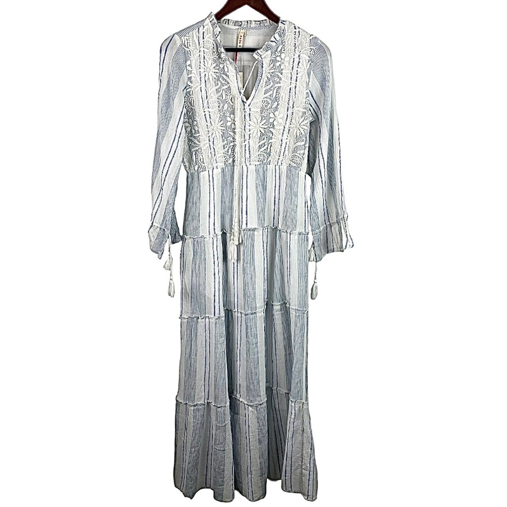NWT RAGA Fleri White and Blue Striped Floral Embroidered Tie  Long Sleeve Dress - Picture 8 of 13